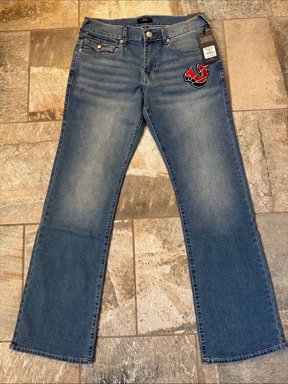 True Religion Blue Denim Jeans with Red & Black Patch